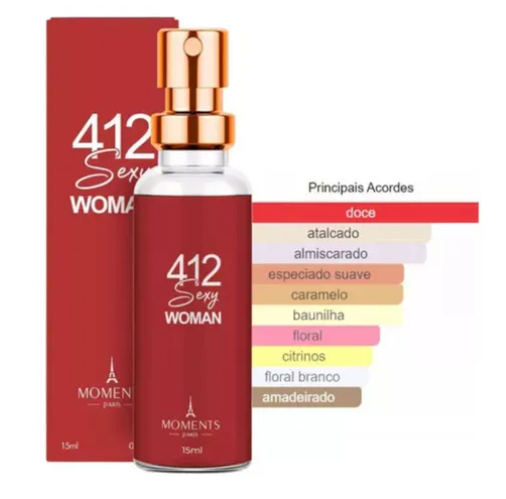 Perfume Feminino 412 Sexy Woman 15ml Moments Paris Excelente Fragrância Floral Oriental Parfum Noite Spray Bolsa Mulher Sedução Luxo Sensual